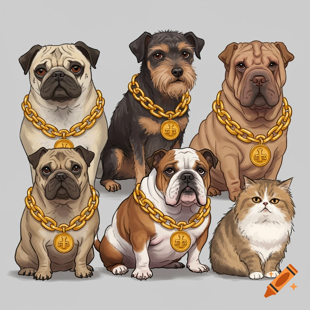 Illustration of five dogs and one cat wearing large gold chains.