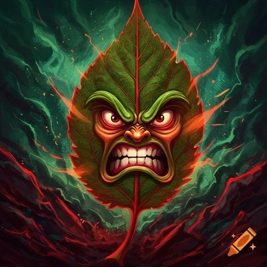 An angry face is depicted on a large green leaf.