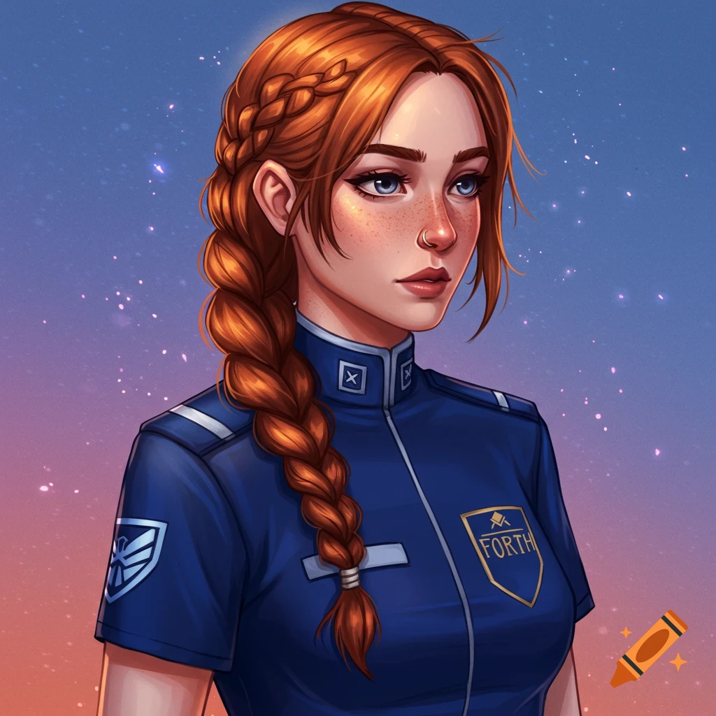 Portrait of a woman with red braided hair and freckles in a blue military uniform against a starry sky.