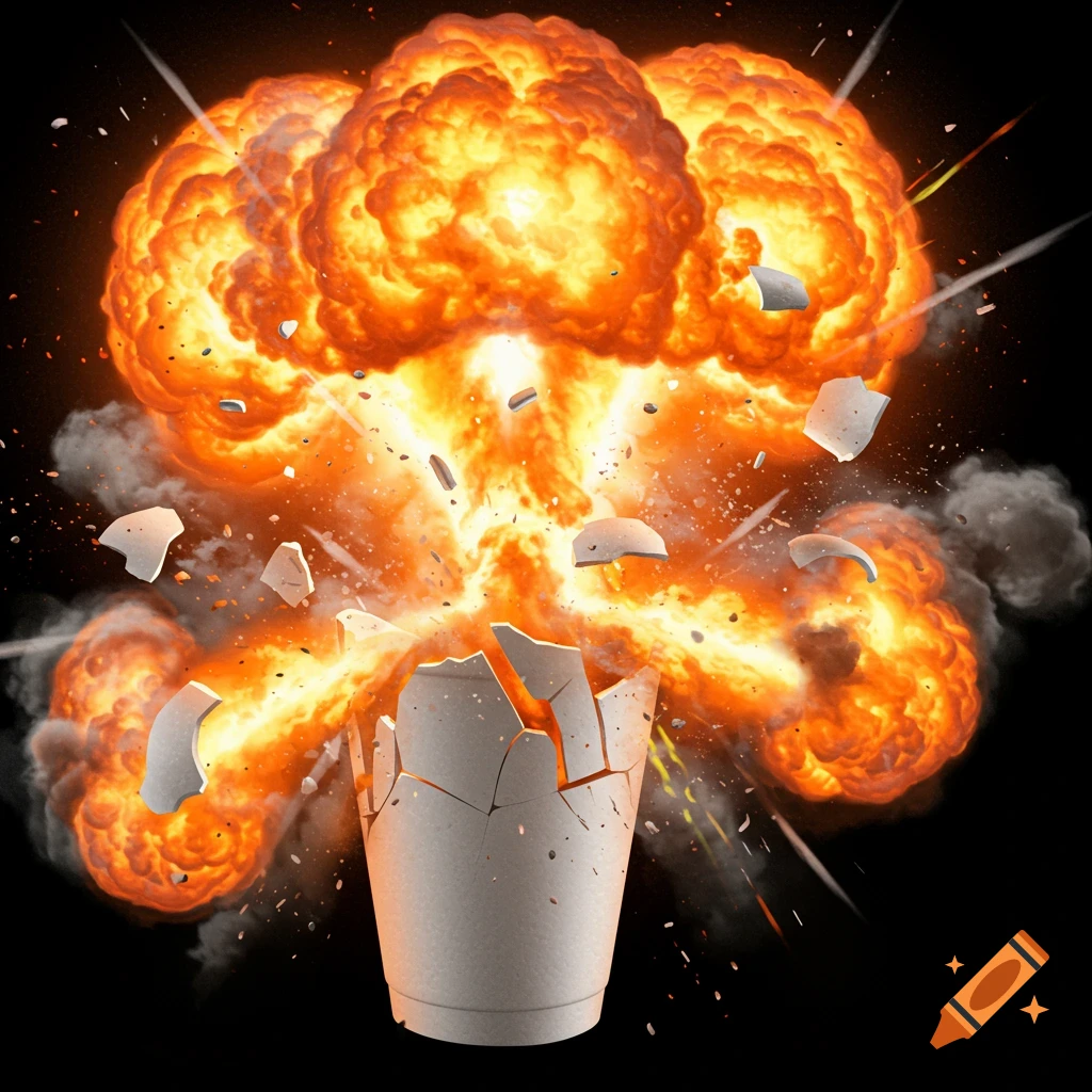 A broken cup erupts in a fiery explosion with debris flying.