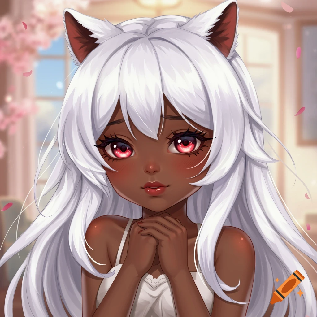 Anime portrait of a shy girl with dark skin, white hair, red eyes, and cat ears, hands clasped