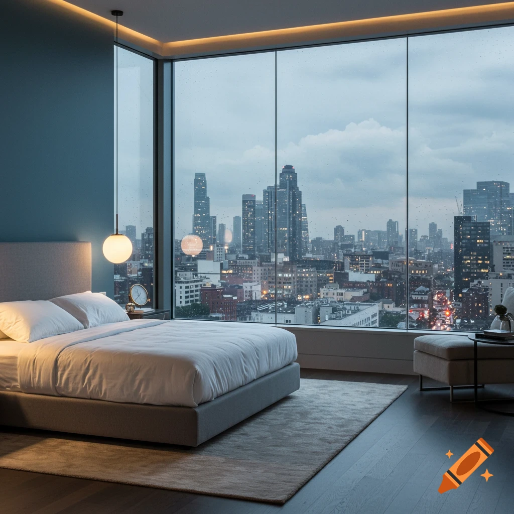 A modern bedroom with a large bed and a panoramic window overlooking a rainy city skyline.