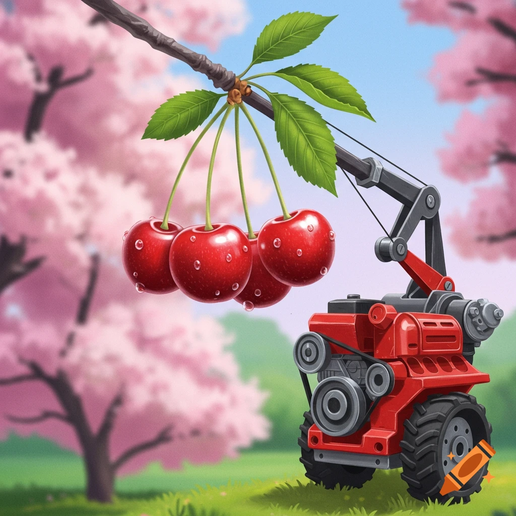 Cartoon red engine machine lifting cherries from a branch in a garden with pink trees.