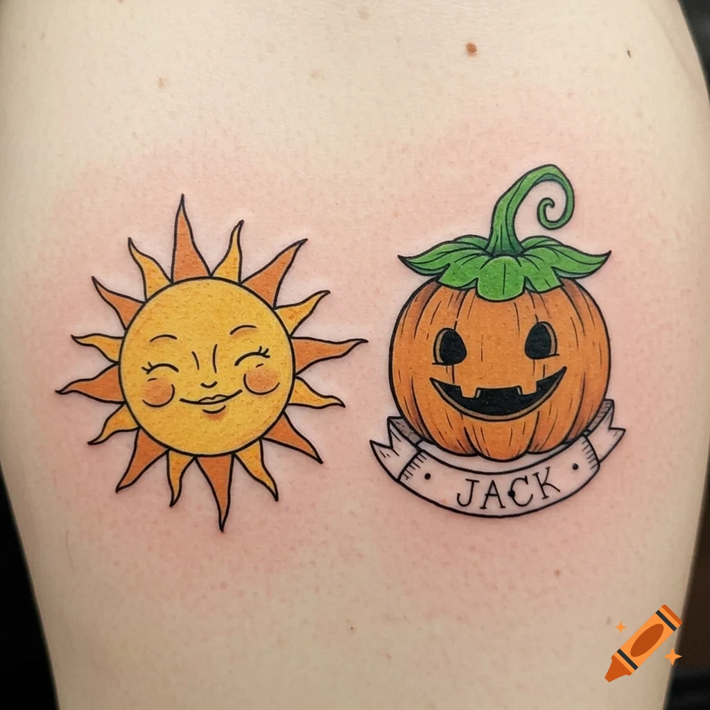 A cute sun and pumpkin tattoo with 'JACK' on a banner under the pumpkin.
