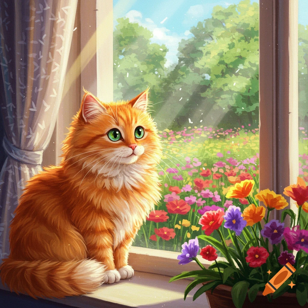 An orange cat sits on a windowsill looking at a garden filled with colorful flowers, illustration style.