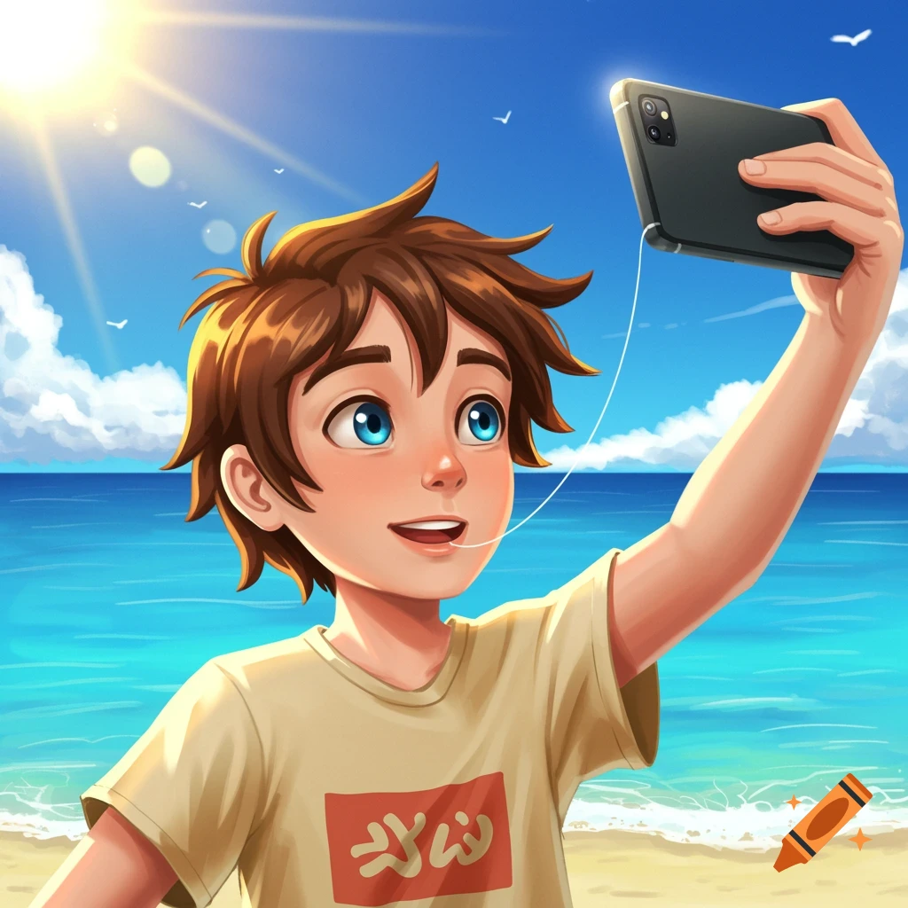 A cartoon illustration of a boy taking a selfie on a sunny beach.