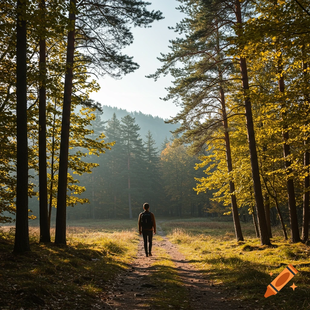 A person walks down a sunlit path through a forest in autumn.
