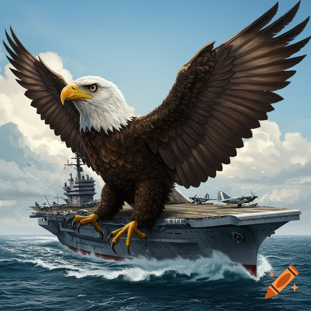 A massive bald eagle perches on the deck of an aircraft carrier sailing at sea, wings spread.
