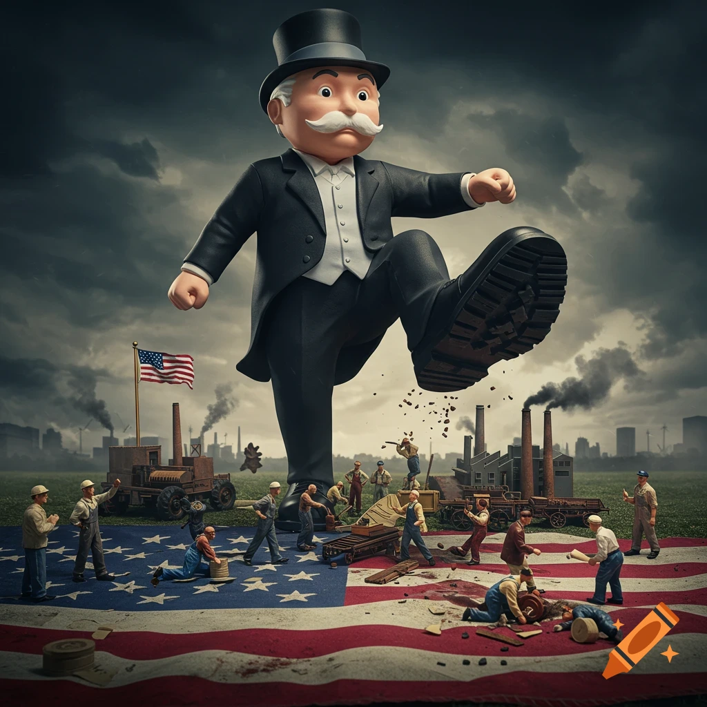 Giant business figure steps on American flag and workers near factories