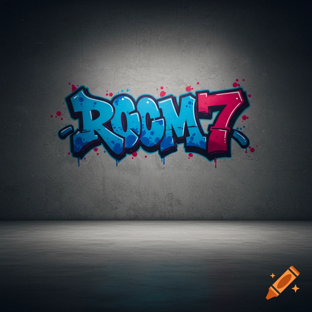 Graffiti art spelling ROOM 7 in blue and red on a grey concrete wall