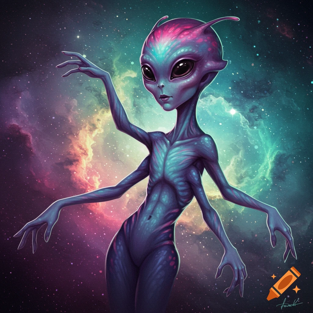 An alien creature with multiple arms against a vibrant space nebula.