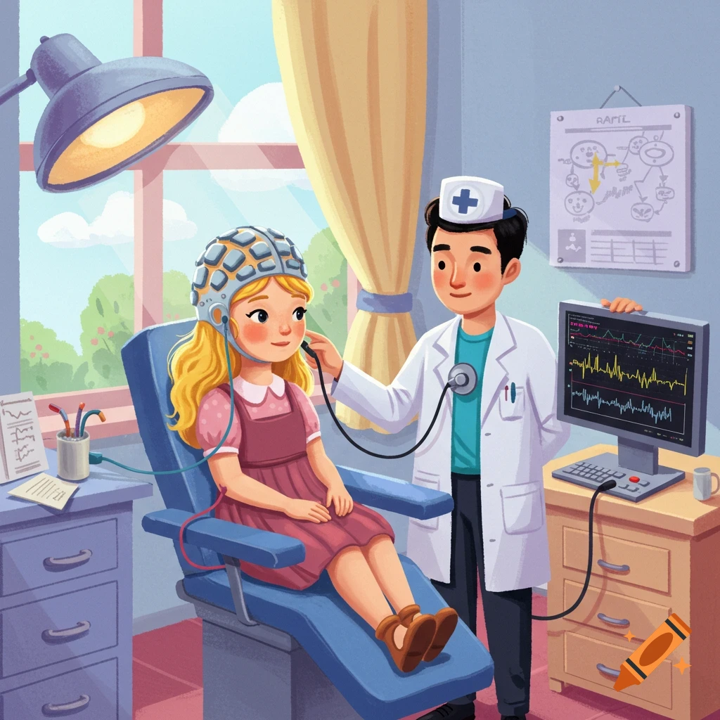 An illustration of a doctor performing an EEG on a young girl in a clinic.