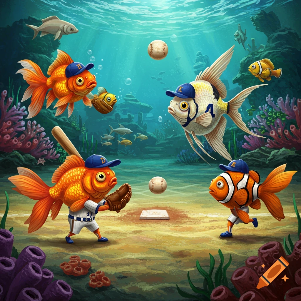 Cartoon fish wearing baseball uniforms and hats play baseball underwater.