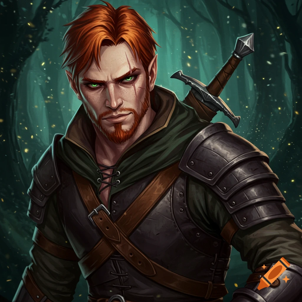 Illustration of a male fantasy rogue with red hair, green eyes, scar, and leather armor in a forest.