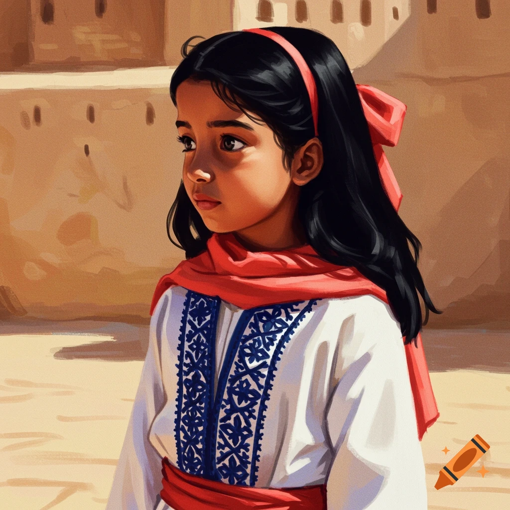 Portrait of a girl wearing traditional embroidered clothing and a red scarf in a desert setting.