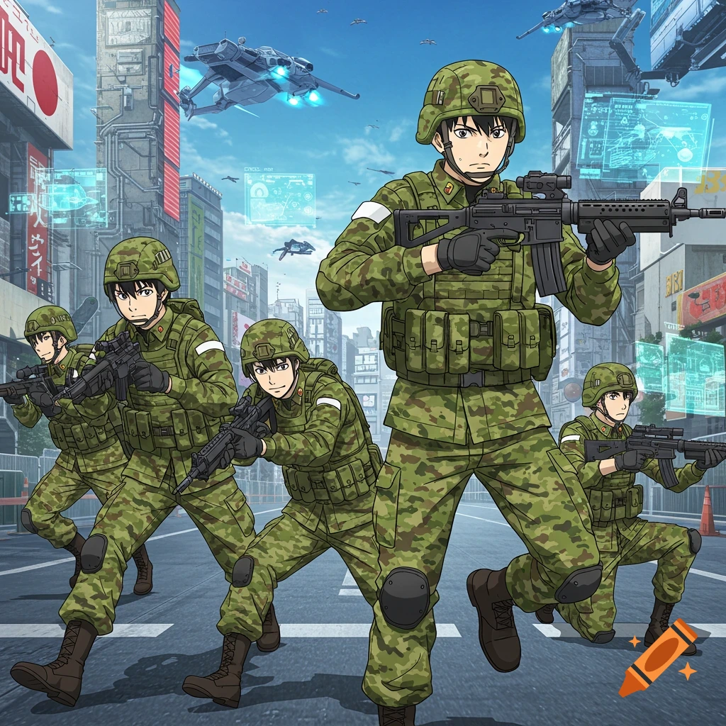 Anime style illustration of JSDF soldiers with rifles standing in a futuristic urban city with flying spaceships.