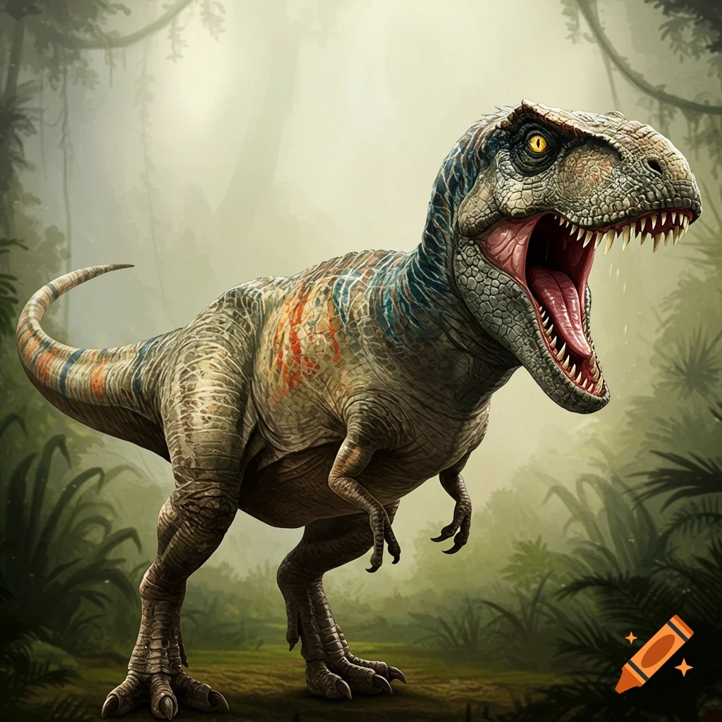 A T-Rex and Velociraptor hybrid dinosaur roars in a dense, misty jungle. It has blue and orange markings.