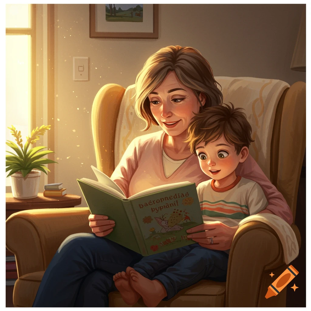 Mother and son reading a book in an armchair