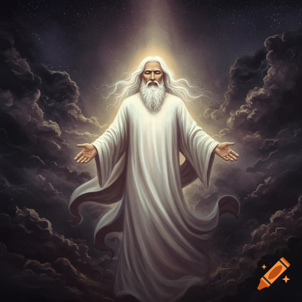 Figure resembling God with white hair and beard, arms outstretched, in clouds with light.