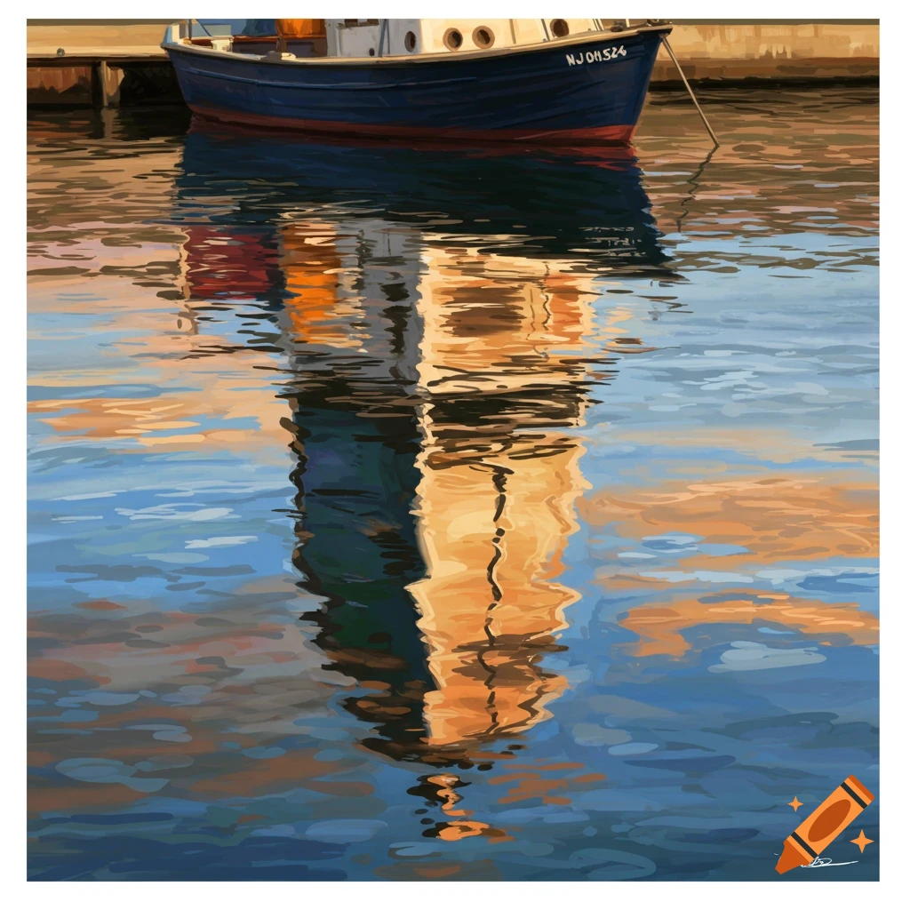 Painterly image of a boat docked, reflected abstractly in choppy water.
