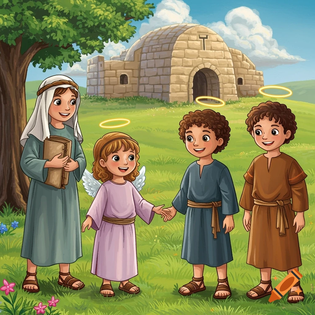 Cartoon illustration of children in ancient clothing, one with wings and halos, standing near a stone building.