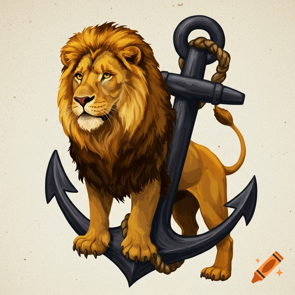 Illustration of a lion standing on a large anchor.