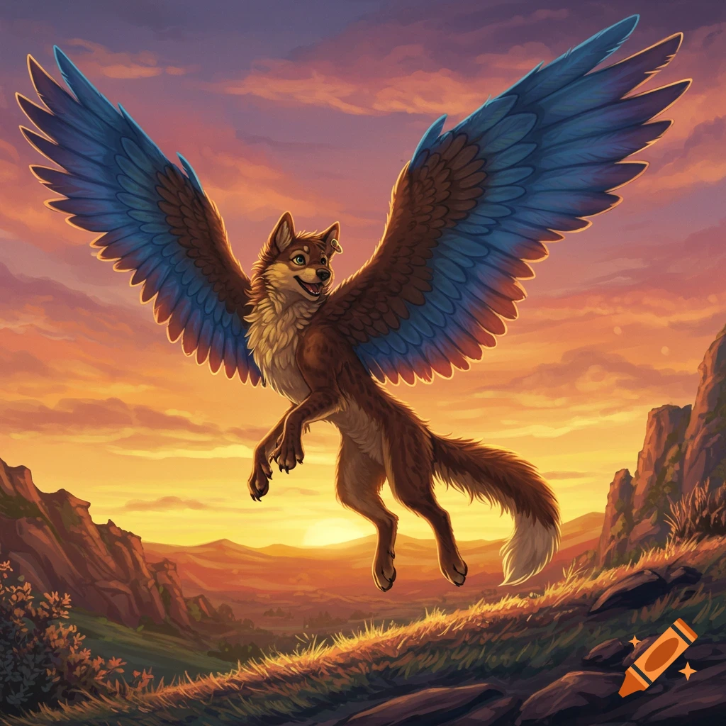 A brown furry dog-like creature with large blue wings flies over a sunset landscape. Illustration.