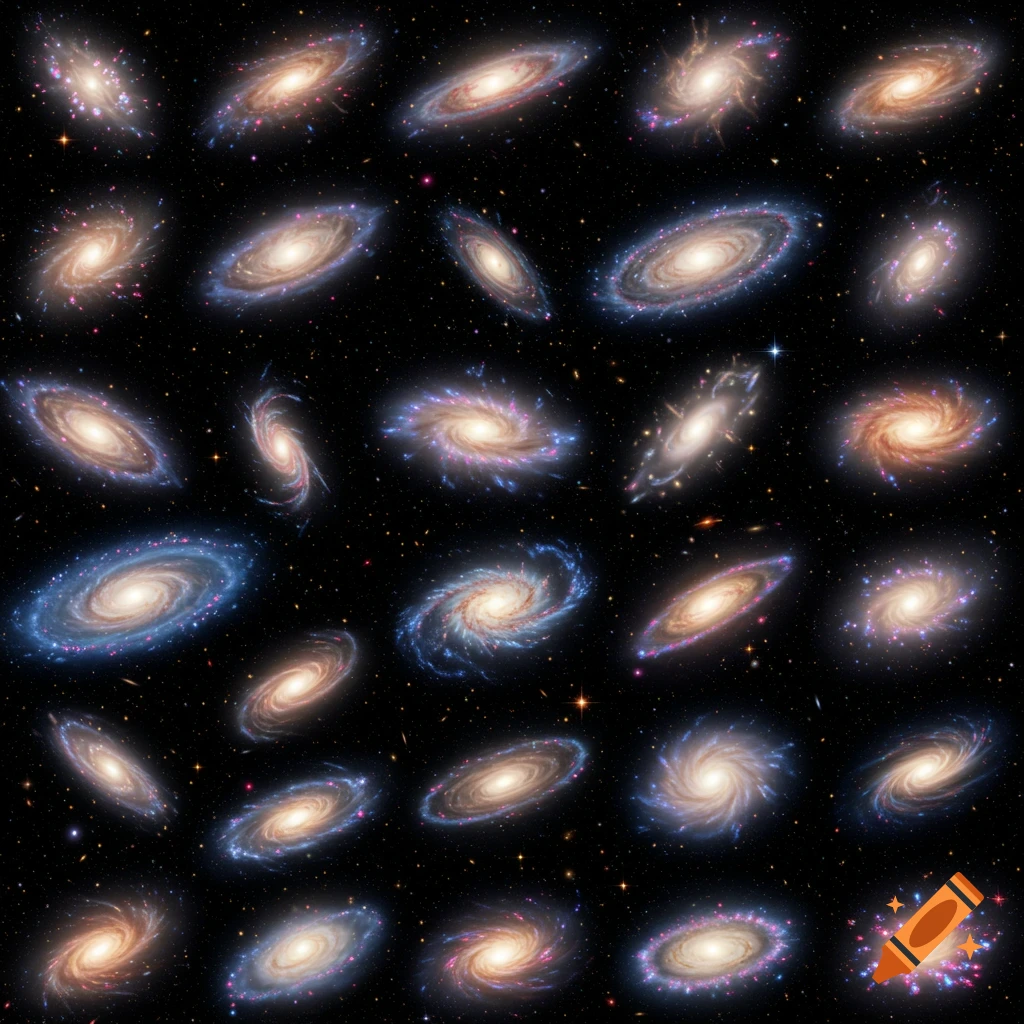 A collage of many colorful spiral galaxies against a dark, starry background