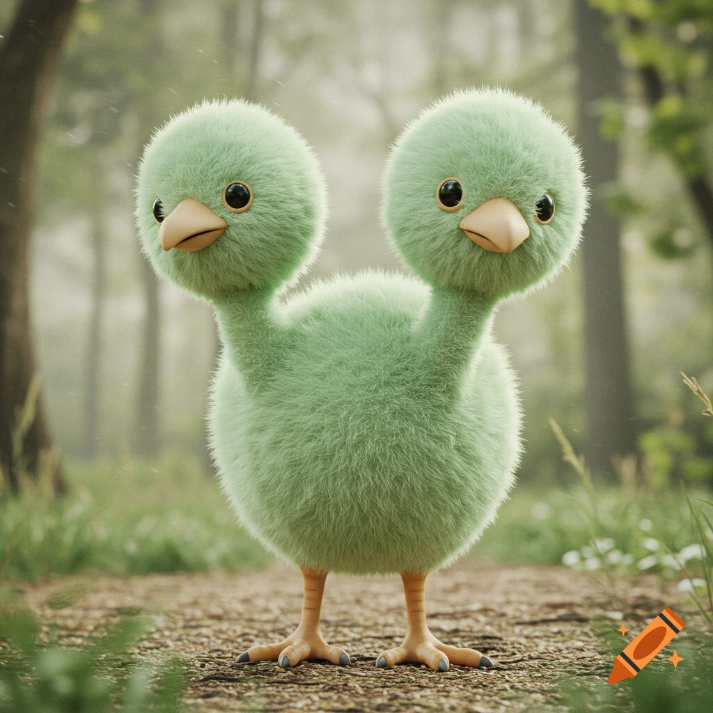 3D rendering of a fluffy green two-headed creature resembling Doduo standing on a forest path.