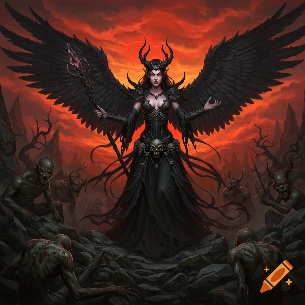 A dark fantasy illustration of a winged demonic queen with horns standing among monstrous creatures under a red sky.