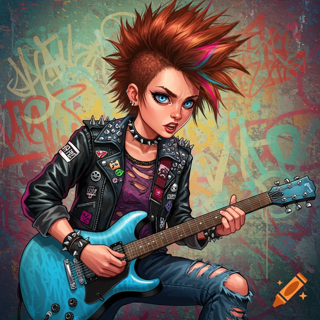 Illustration of a punk rock girl with a mohawk playing a blue electric guitar.