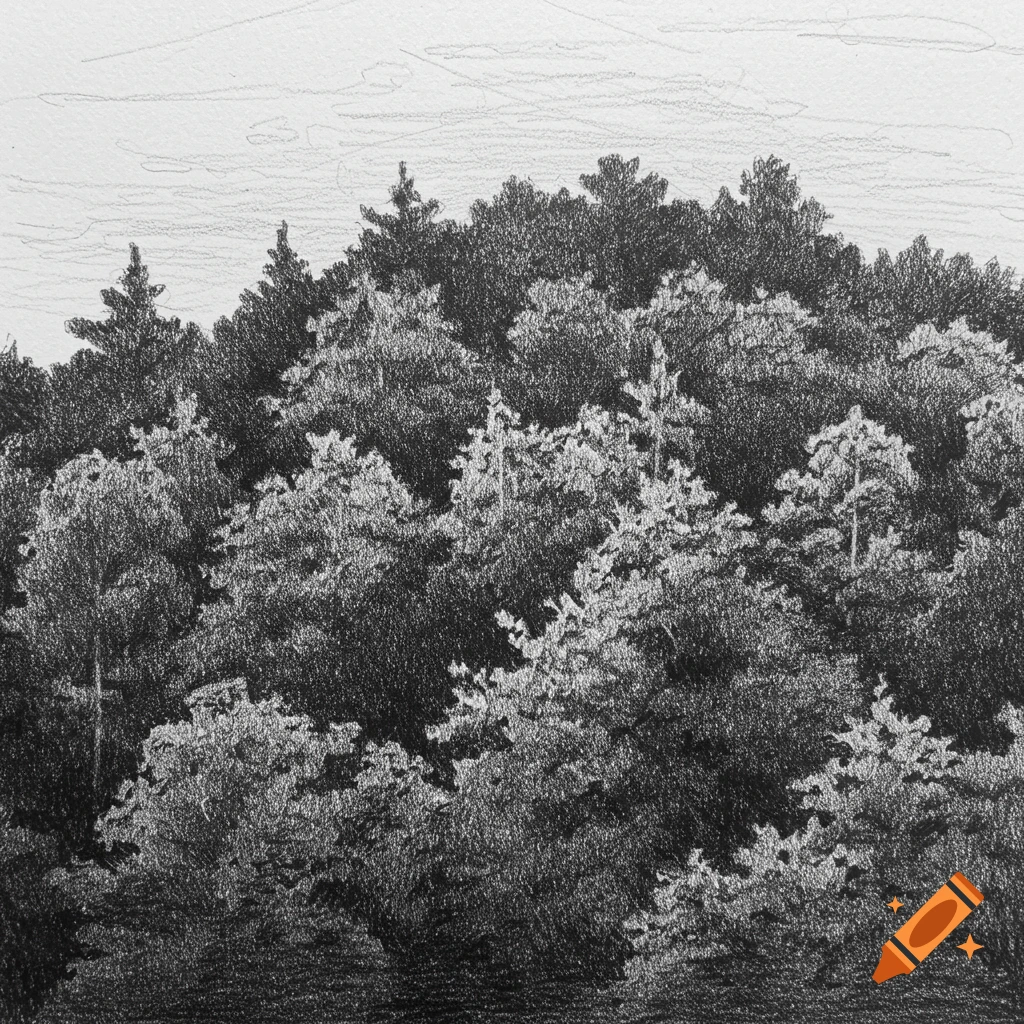 A black and white pencil sketch of a dense forest treeline.