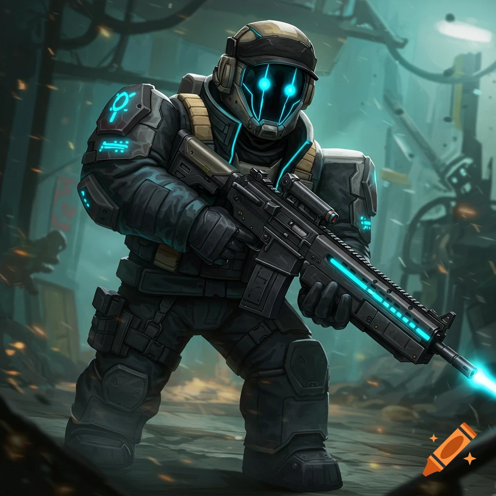 An armored scout with glowing blue eyes holds a rifle in a dark, industrial area. Digital art.