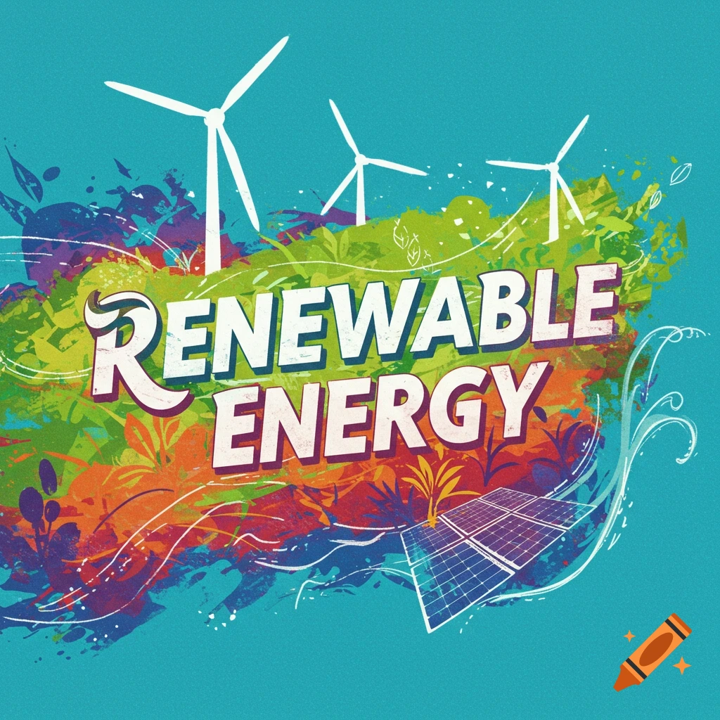 Stylized illustration with windmills, solar panels, and colorful organic shapes, featuring the text "Renewable Energy".