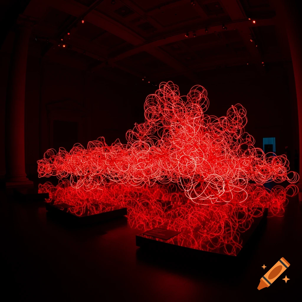 A large, abstract sculpture made of tangled red light tubes sits in a dark room with a reflective floor, resembling an art installation.