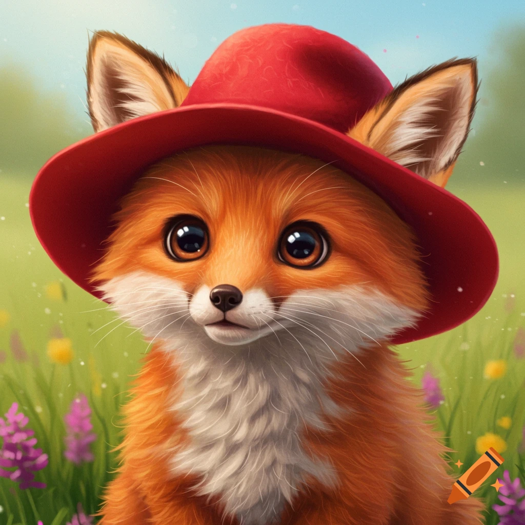 A cute fox wearing a red hat sits in a field of flowers.