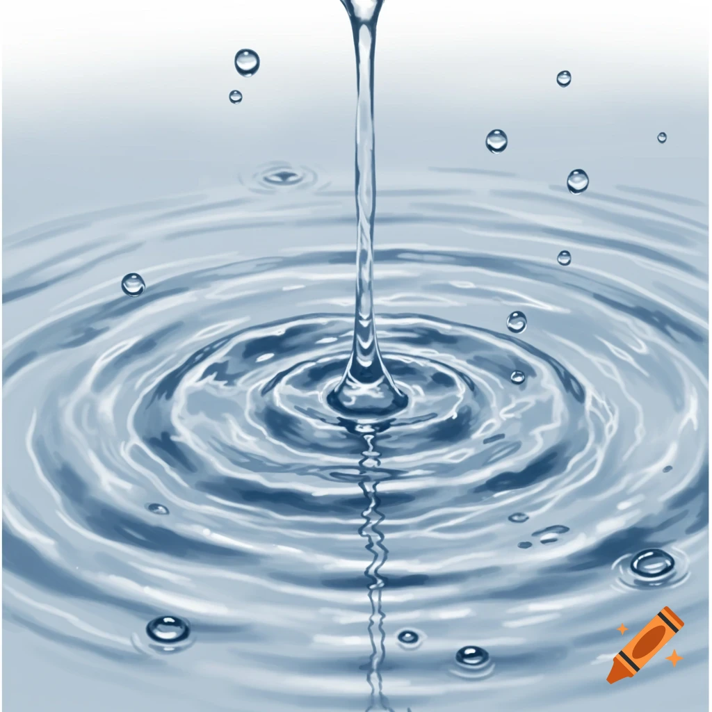A stream of water drips onto a still surface, creating ripples and splashes, in an illustration style.