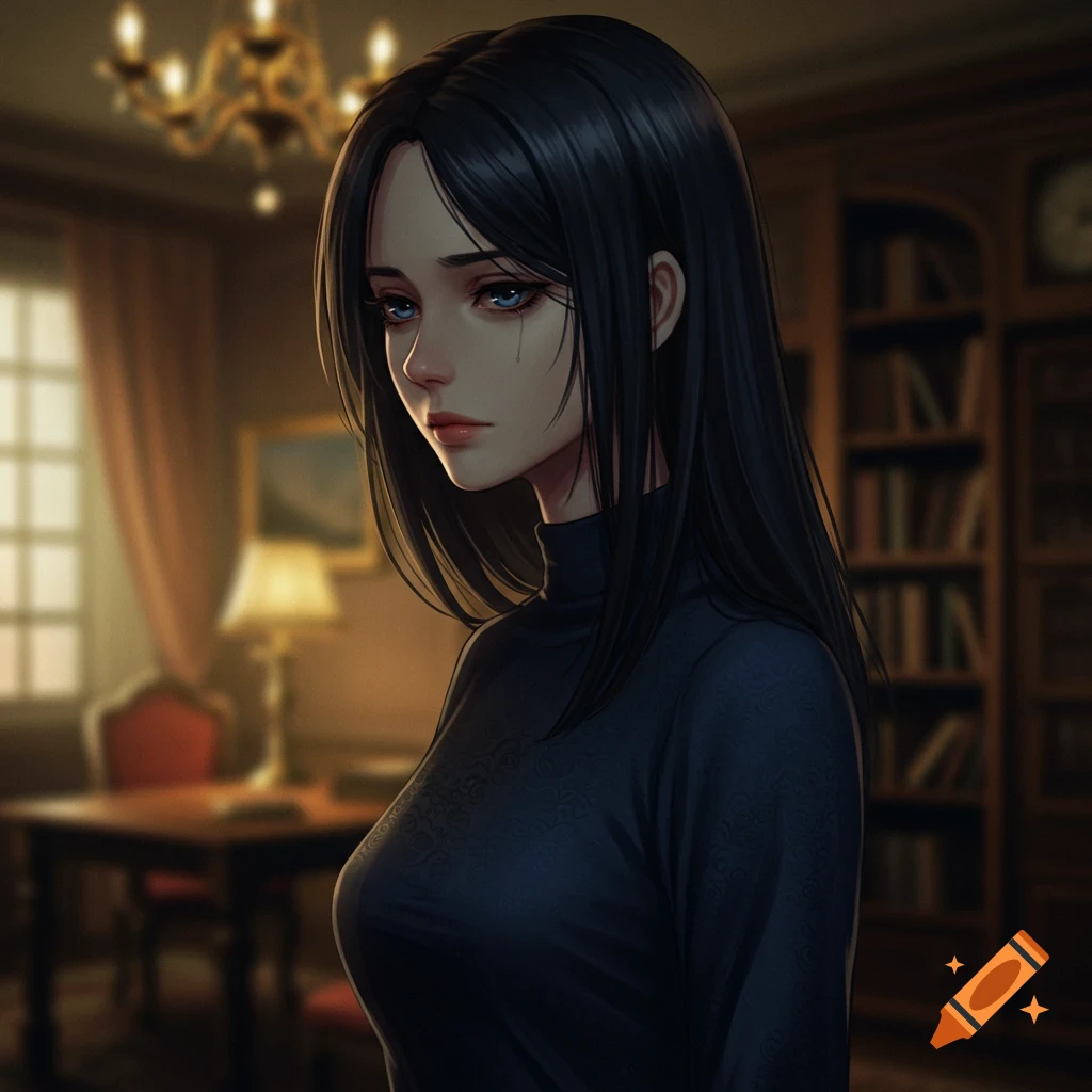 Anime style portrait of a young woman with black hair in a turtleneck in a dark academia library.