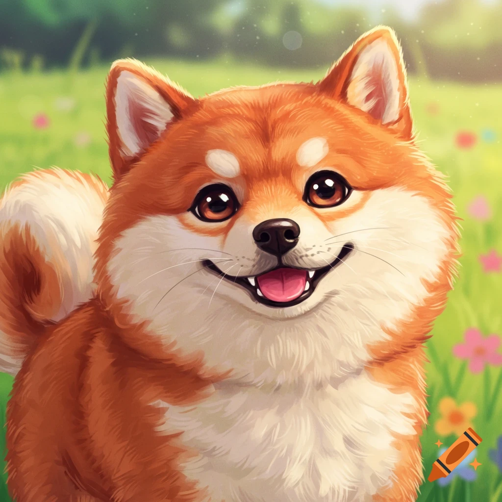 Cute fluffy Shiba Inu dog smiling in a field of flowers.