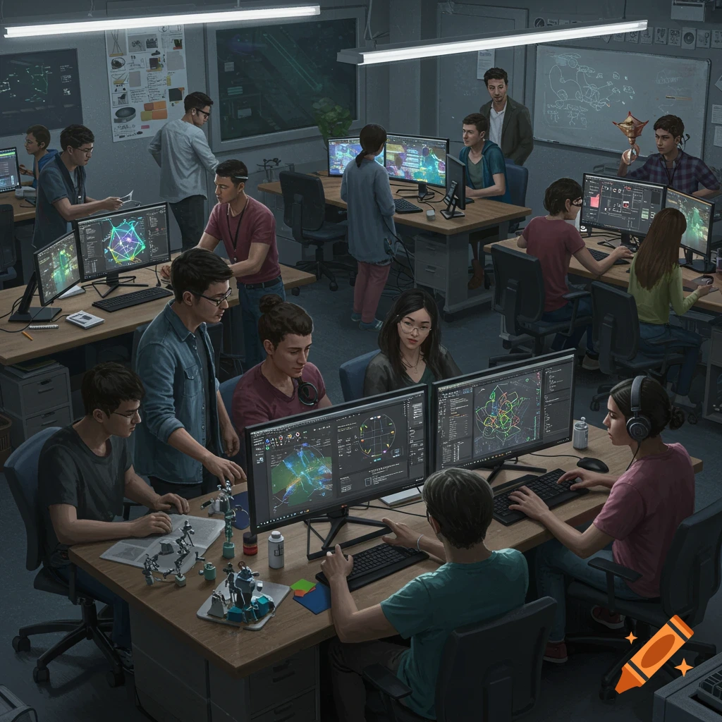 Photorealistic image of people working at computers in a modern office.