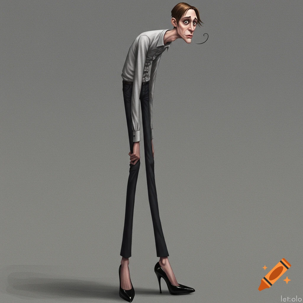 A stylized illustration of a lanky man with long legs wearing black high heels.