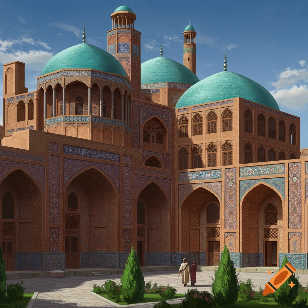 A detailed view of a mosque or palace with turquoise domes, brick arches, and blue tile patterns, with two people walking in the courtyard.