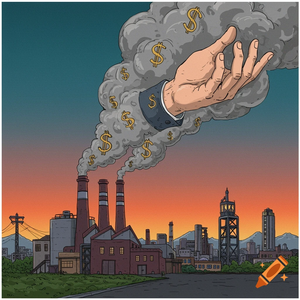 Illustration of a hand emerging from industrial smoke filled with dollar signs over a city landscape at sunset.