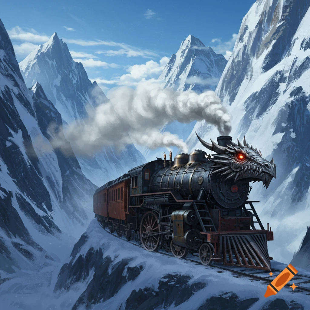A fantasy train with a dragon head travels through snowy mountains.