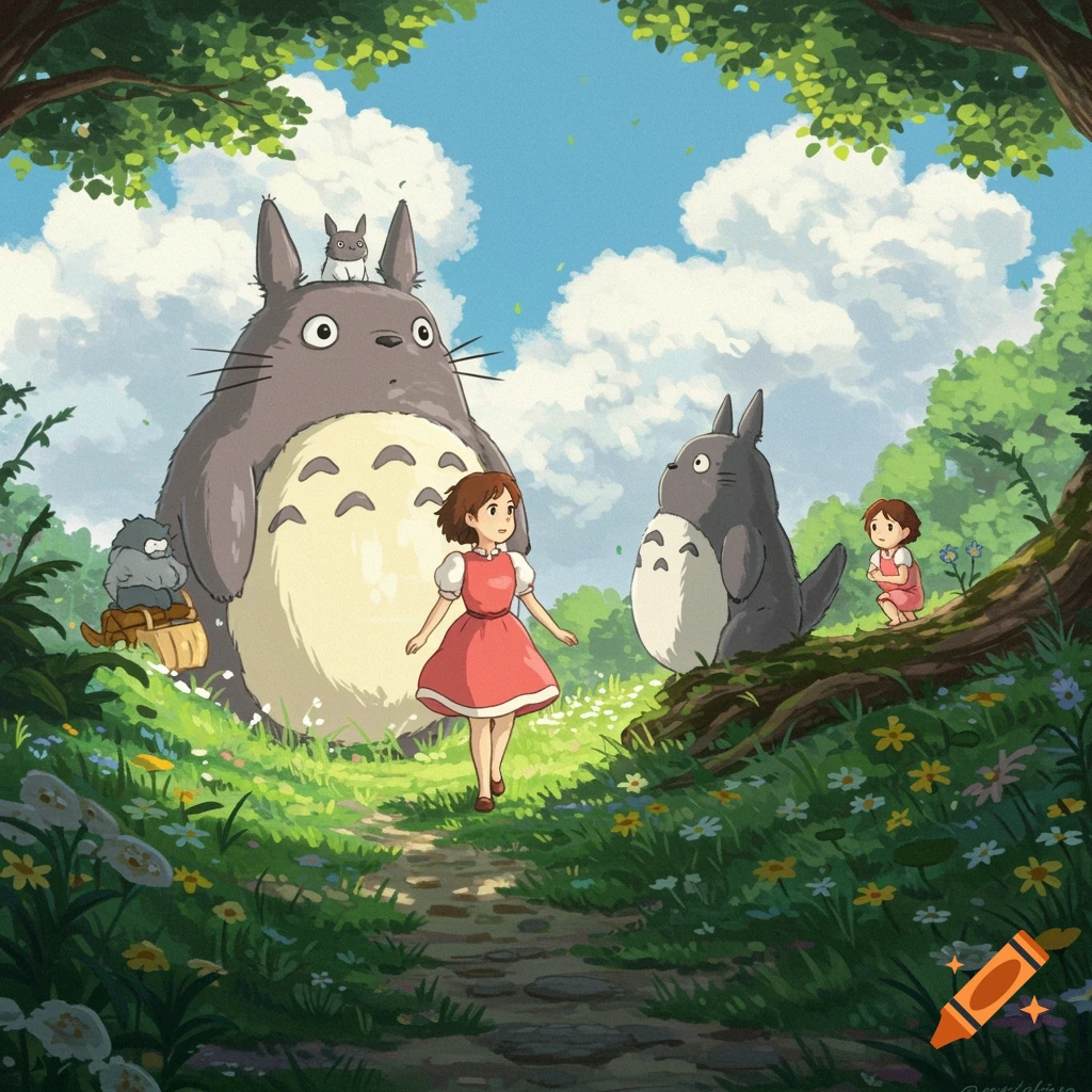 Children and large, furry Totoro characters in a lush forest clearing with flowers, in a Studio Ghibli anime style.