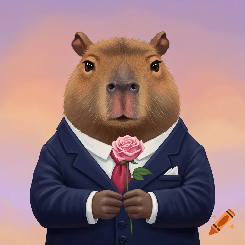 A capybara wearing a blue suit and red tie holds a pink rose.