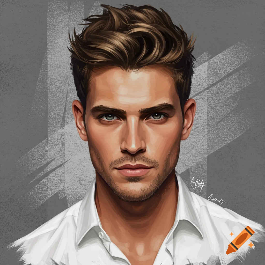 Portrait of a man with brown hair and blue eyes wearing a white shirt.