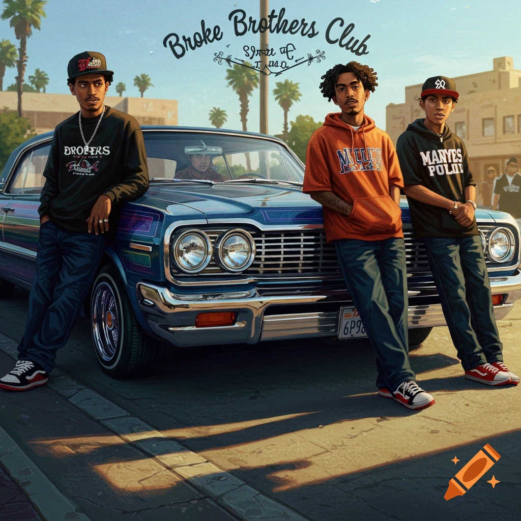 Three young men standing by a blue lowrider car on a street, with palm trees and buildings behind them. The text "Broke Brothers Club" floats above the car.