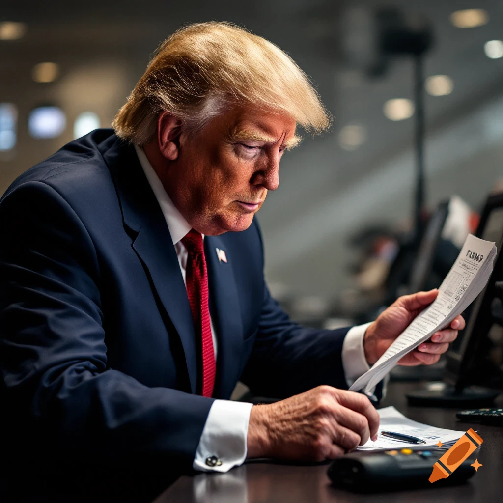 Donald Trump in a suit looking at a paper at a desk, photorealistic style.