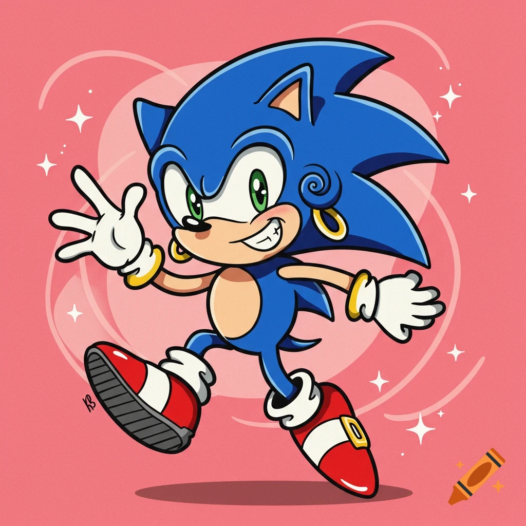 Cartoon drawing of Sonic the Hedgehog posing and waving.